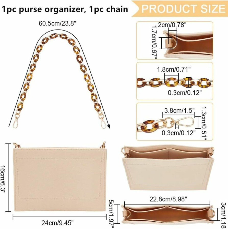 WADORN Wadorn 1 Set Purse Organizer Insert Conversion Kit With Acrylic Chain, Felt Handbag Organizer Insert Inner Pocket Liner Clutches Envelope Bag Conversion Accessories For Graceful Pm, 9.5X2X6.3 Inch | Handbag Accessories