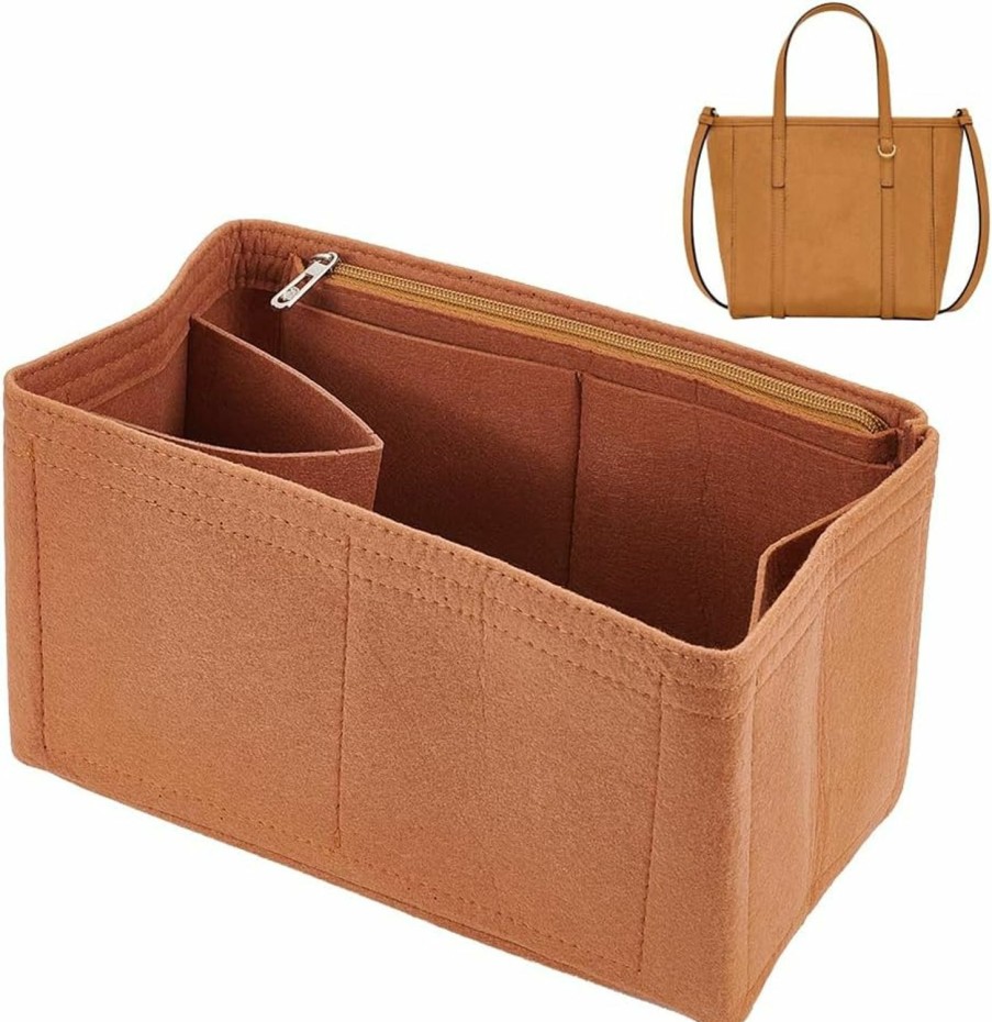 WADORN Wadorn Felt Handbag Insert Organizer, Felt Zipper Tote Bag Insert Rectangle Purse Organizer Bag In Bag Multiple Compartments Bag Insert Interior Shaper, 7.1X3.5X4.3 Inch, Camel | Handbag Accessories