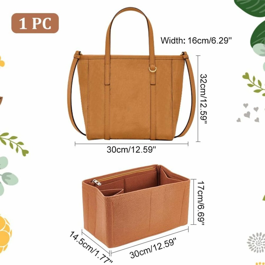 WADORN Wadorn Felt Handbag Insert Organizer, Felt Zipper Tote Bag Insert Rectangle Purse Organizer Bag In Bag Multiple Compartments Bag Insert Interior Shaper, 7.1X3.5X4.3 Inch, Camel | Handbag Accessories