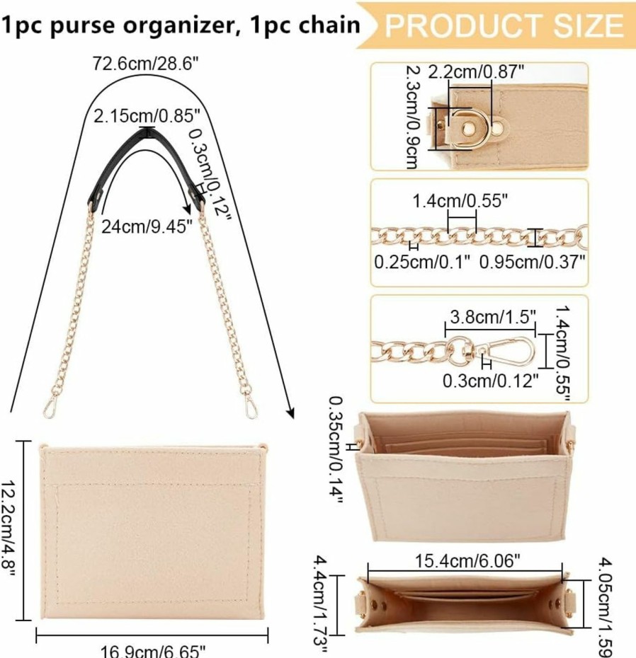 WADORN Wadorn 1 Set Purse Organizer Insert Conversion Kit With Leather Metal Chain, Felt Handbag Organizer Insert Inner Pocket Liner Clutches Crossbody For Purse Clutch Travel Bag, 4.8X6.65 Inch (Wheat) | Handbag Accessories