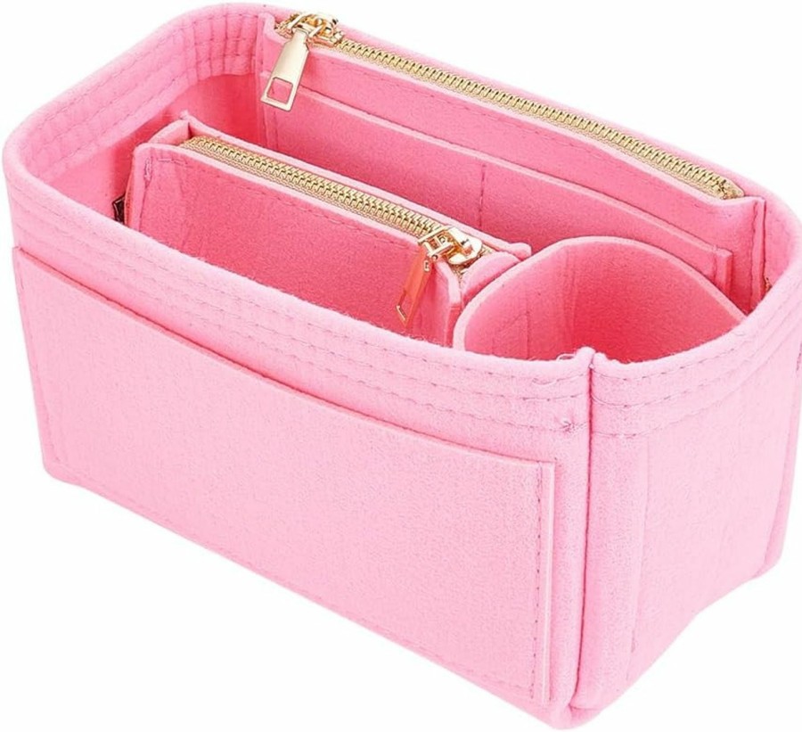 WADORN Wadorn Felt Organizer Insert For Handbag, Detachable Zipper Pocket Tote Bag Organizer Rectangle Bag In Bag Zipper Shoulder Bag Interior Shaper For Lv Speedy Cosmetic Bag, 8.4X4.3X5.1 Inch, Pink | Handbag Accessories