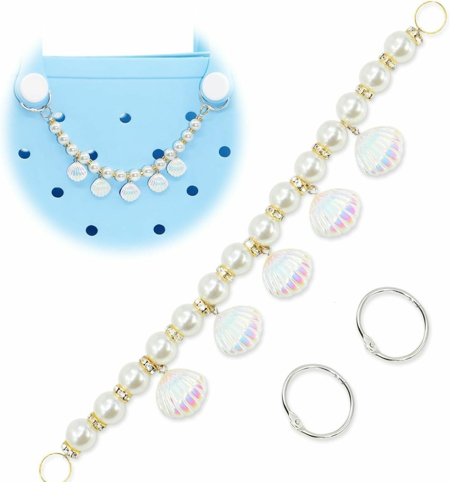 QTKJ Qtkj Shells Pearls Charm For Bogg Bag Accessories, Purse Strap Extender, Purse Chains For Women Rubber Beach Bag Tote Handbag Crossbody Shoulder Decoration, With Metal Buckle | Handbag Accessories