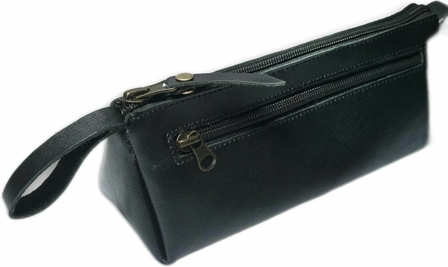 Leatherise Leatherise Leather Zipper Closure Pouch- Handcrafted Genuine Leather Organizer Bag For Men & Women Triangular(Black) | Handbag Accessories