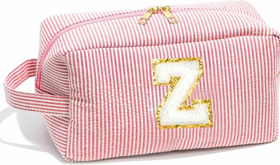 Veki Veki Preppy Makeup Bag For Women, Personalized Initial Letter Cosmetic Bags With Zipper, Chenille Small Toiletry Patch Pouch, Cute Make Up Bag Organizer For Teen Girls Birthday Gifts Teacher (Blue,A) | Handbag Accessories