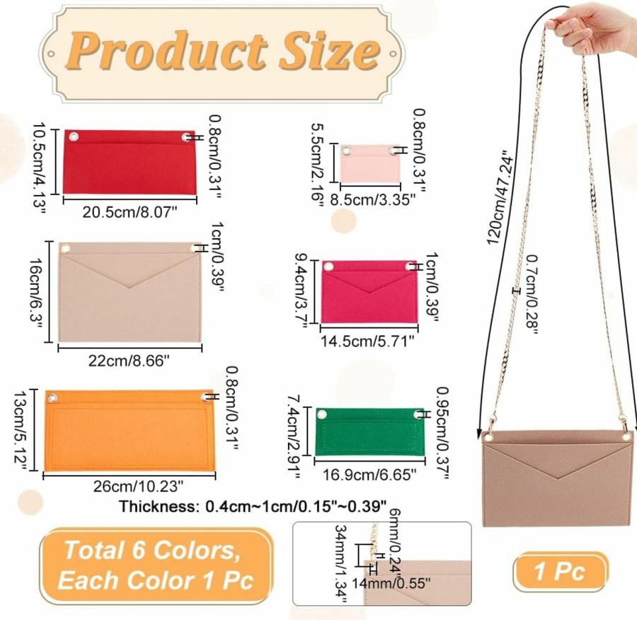 WADORN Wadorn 6 Sizes Purse Organizer Insert Conversion Kit With Metal Chain, Felt Handbag Organizer Insert Women Envelope Bag Coin Wallet Conversion Accessories, Width: 3.35/5.71/6.65/8.07/8.66/10.24 Inch | Handbag Accessories