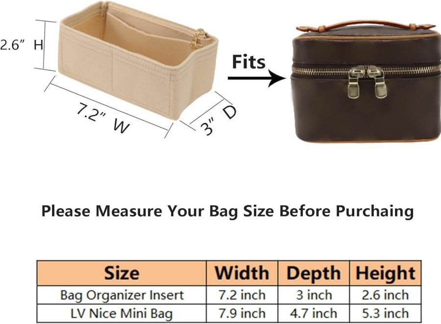 Doxo Doxo Purse Organizer For Lv Nice Nano Bags,Felt Hangbag Organizer Insert,Bag Dividers With Zipper Designed.(Brown-Felt) | Handbag Accessories