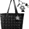 Whaline Whaline Puffy Tote Bag With Key Chain Black Puffy Shoulder Bag Down Cotton Padded Handbag Large Lightweight Shopping Bag For School Work Travel Supplies Outfit Accessory | Handbag Accessories