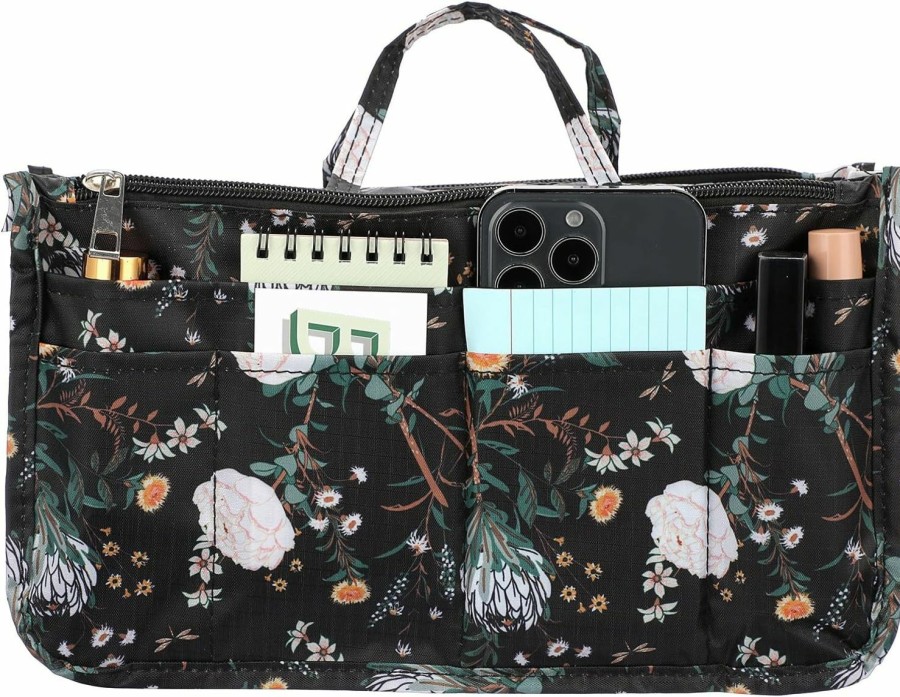 BTSKY Btsky Printing Handbag Organizers Inside Purse Insert - High Capacity 13 Pockets Bag Tote Organizer With Handle (Black Bag White Flower) | Handbag Accessories