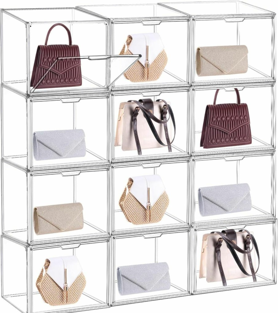 Leinuosen Leinuosen 12 Pcs Large Acrylic Display Case 14.2 X 10.6 X 10.6 Inch With Magnetic Drop Front Clear Handbag Storage Organizer Stackable Purse Storage For Closet, For Book, Toys, Wallet, Cosmetic, Shoes | Handbag Accessories