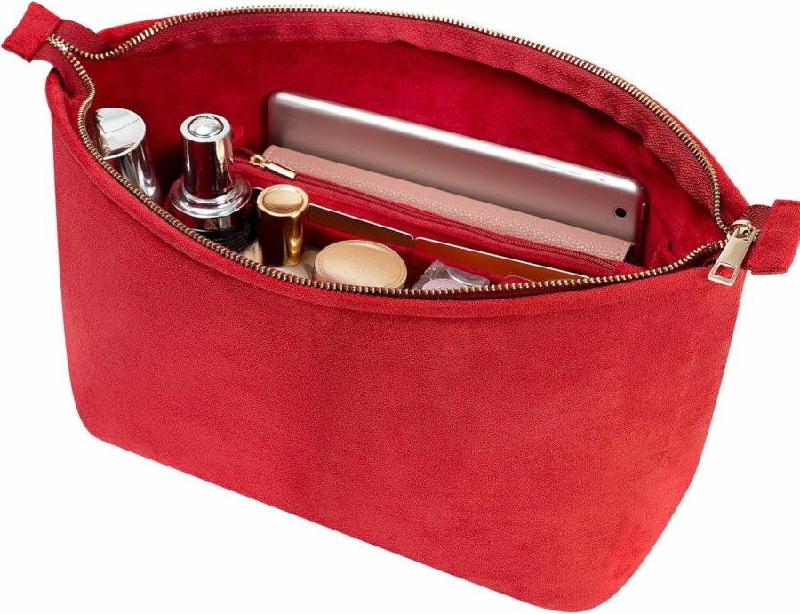 GoTiling Gotiling Purse Organizer Insert For Handbags, Suede Velvet Handbag Organizer Insert With Zipper, Medium Tote Bag Organizer Insert With 11 Pockets, Bag Tote Shaper Fit Neverful Mm, Red | Handbag Accessories